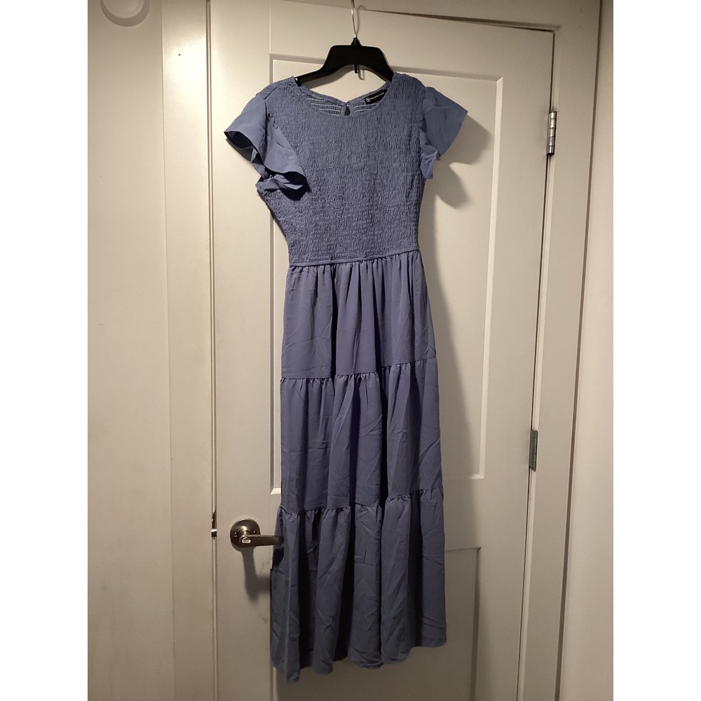 Bequemer Laden Blue Smocked Tiered Maxi Dress‎ Flutter Sleeve Medium